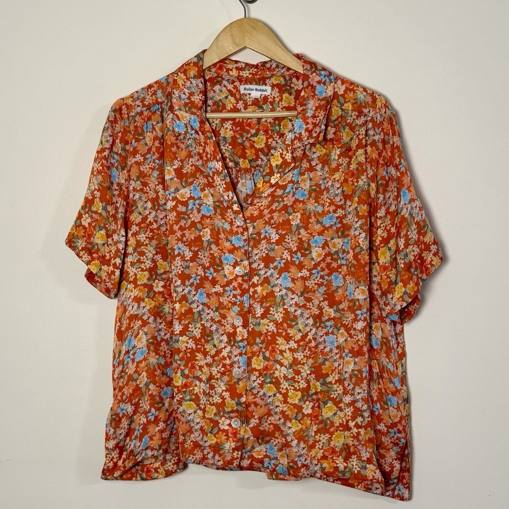 Roller Rabbit Women's Large Floral Woven Vado Edwina‎ Button Up Short Sleeve Top